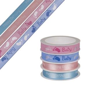 Darilni trak na kolutu roza modra 15mm x 3m BABY SHOWER