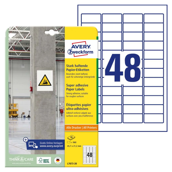 Etikete nalepke bele 45,7x21,2 mm močno lepilo AVERY ZWECKFORM L7873-20/1