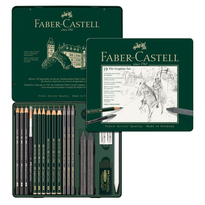 Grafitni svinčniki slikarski art v pločevinasti &scaron;katli FABER CASTELL PITT GRAPHITE MONOCHROME M set 19/1 270478