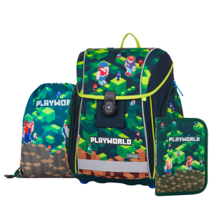 Nahrbtnik šolski anatomski, peresnica in vrečka za copate OXYBAG PREMIUM PLAYWORLD MINECRAFT 0-75725 set 3/1