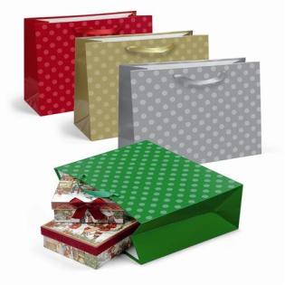 Vrečka novoletna božična s pikami zlata srebrna rdeča 324x260x127 mm NIJI 60011