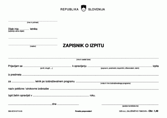 OBR.1,49 Obrazec zapisnik o izpitu za srednje &scaron;ole A5 80 g 