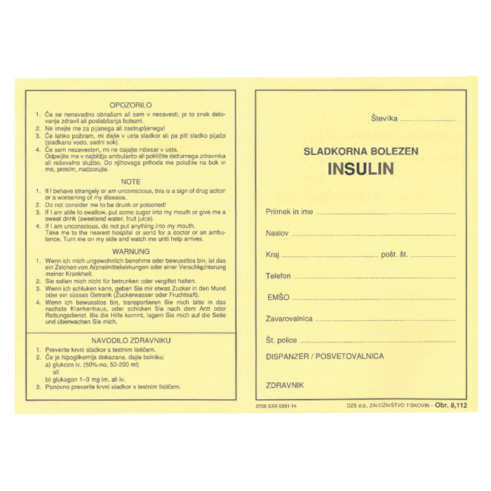 OBR.8,112 Izkaznica za diabetike - insulin