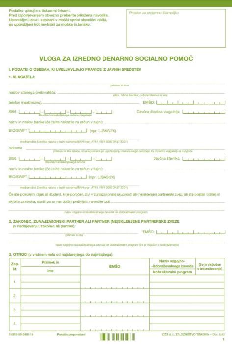 OBR.8,43 vloga za izredno denarno socialno pomoč