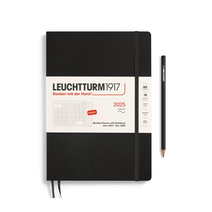 Planer mesečni 16 mesecev 2025 mehke platnice B5 17,6x25 cm črn 370706 LEUCHTTURM