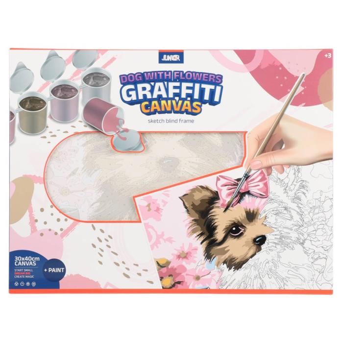 Platno slikarsko slikaj pobarvaj po &scaron;tevilkah 30x40 cm kužek JUNIOR DOG WITH FLOWERS GRAFFITI CANVAS JORK&Scaron;IRSKI TERJER 132953