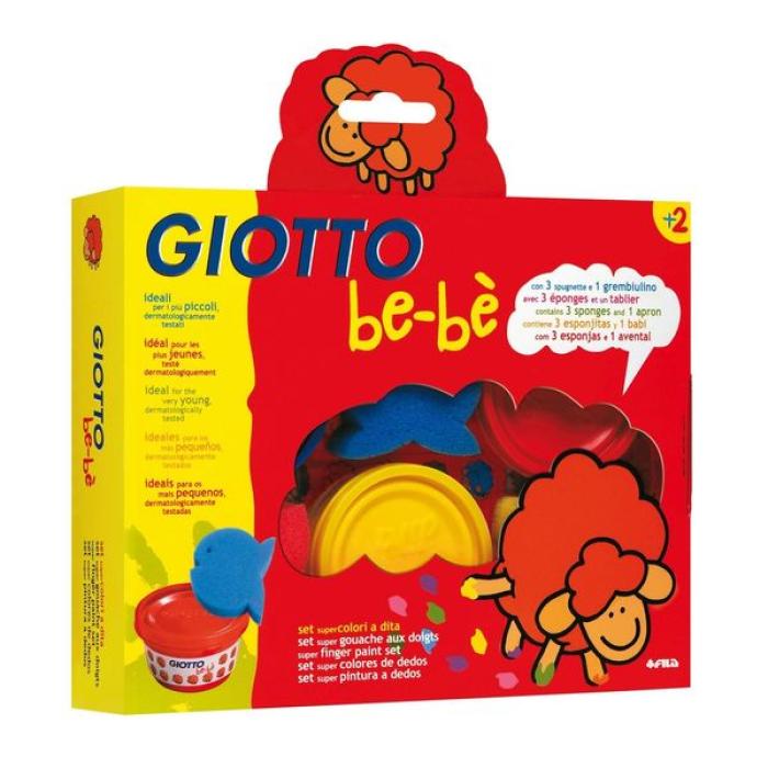 Prstne barve 3 lončki z barvami 3 gobice in predpasnik GIOTTO BE-BE 2+