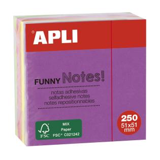 Samolepilni lističi v bloku 51x51 mm 250 listov 5 neon barv APLI MINI FUNNY NOTES 11596  