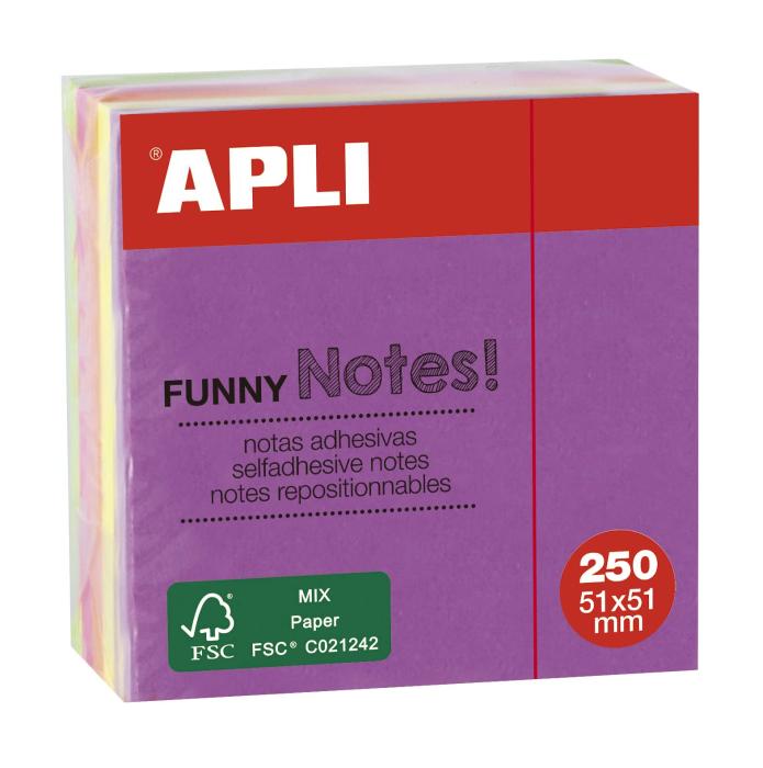 Samolepilni lističi v bloku 51x51 mm 250 listov 5 neon barv APLI MINI FUNNY NOTES 11596  