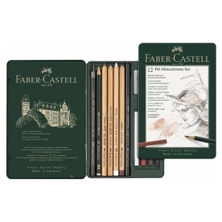 Grafitni svinčniki slikarski art v pločevinasti &scaron;katli FABER CASTELL PITT MONOCHROME set 12/1 270774