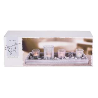 Sveče v kozarcu na lesenem pladnju v naravni barvi 40x14 cm TEA LIGHT NATUR VINTAGE CHIC DECORATION 220053 set 4/1