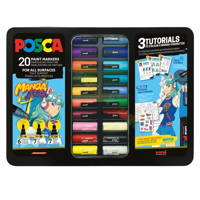 Marker flomastri akrilni POSCA UNI MANGA PC-1M PC-3M PC-5M v kovinski embalaži MIX set 20/1 76273