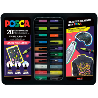 Marker flomastri akrilni POSCA UNI GROOVY COLOURS PC-1M PC-3M PC-5M v kovinski embalaži MIX set 20/1 74015
