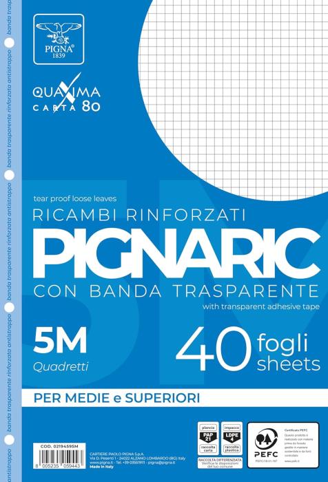 Vložni listi A4 mali karo 5x5 mm z ojačanimi luknjami 40 listni 80 g PIGNARIC PIGNA 02194595M