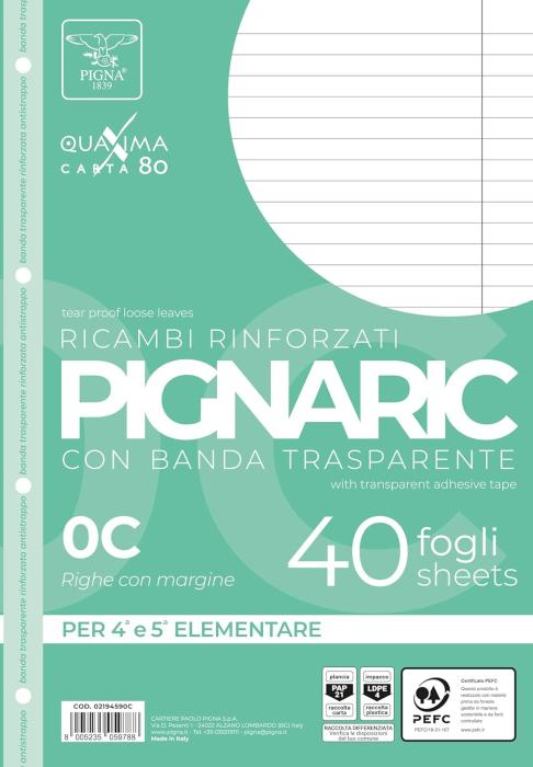 Vložni listi A4 črtni z robom in ojačanimi luknjami beli 40 listni 80 g PIGNARIC PIGNA 02194590C