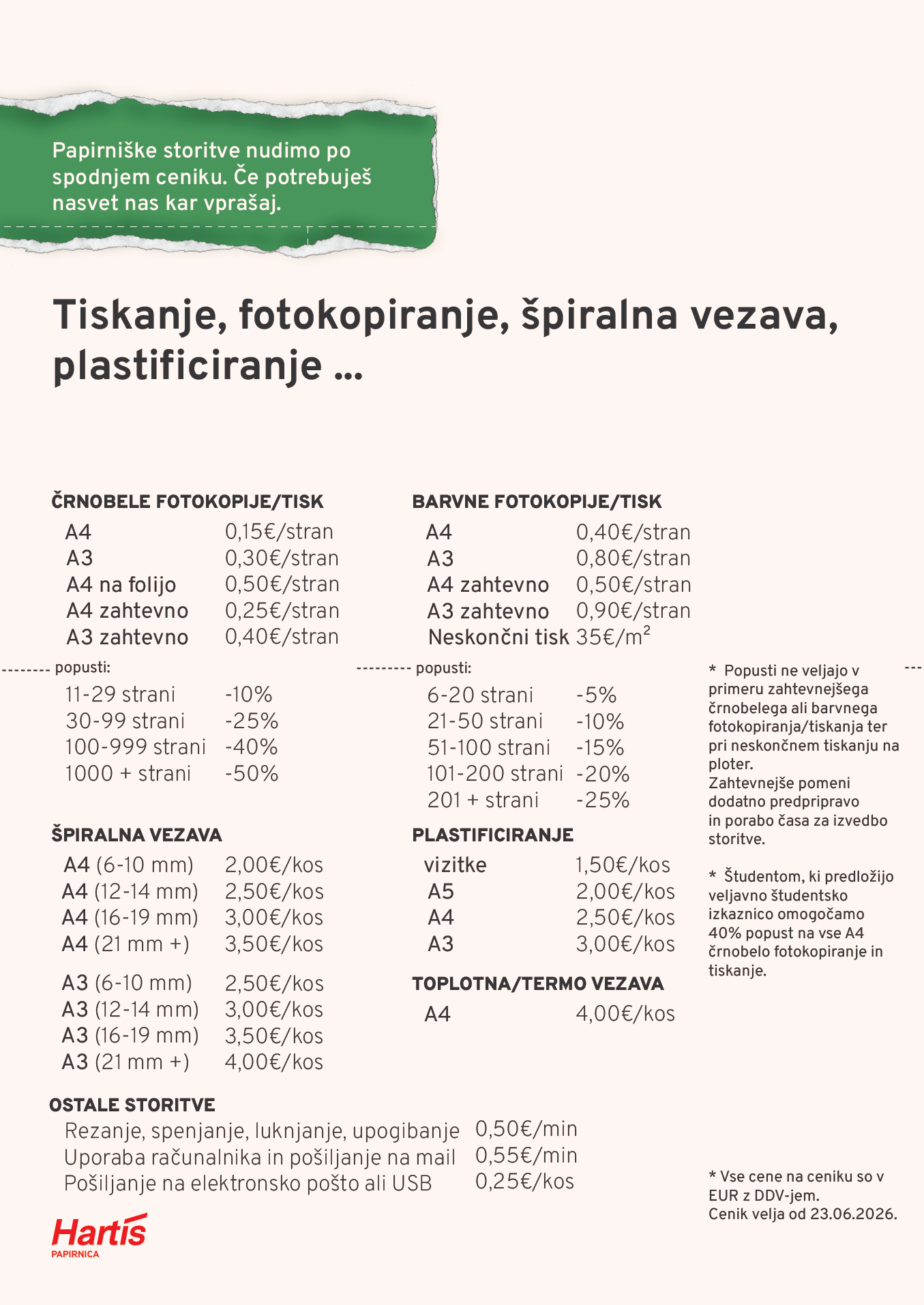 Cenik fotokopiranja in vezav v Hartis papirnici